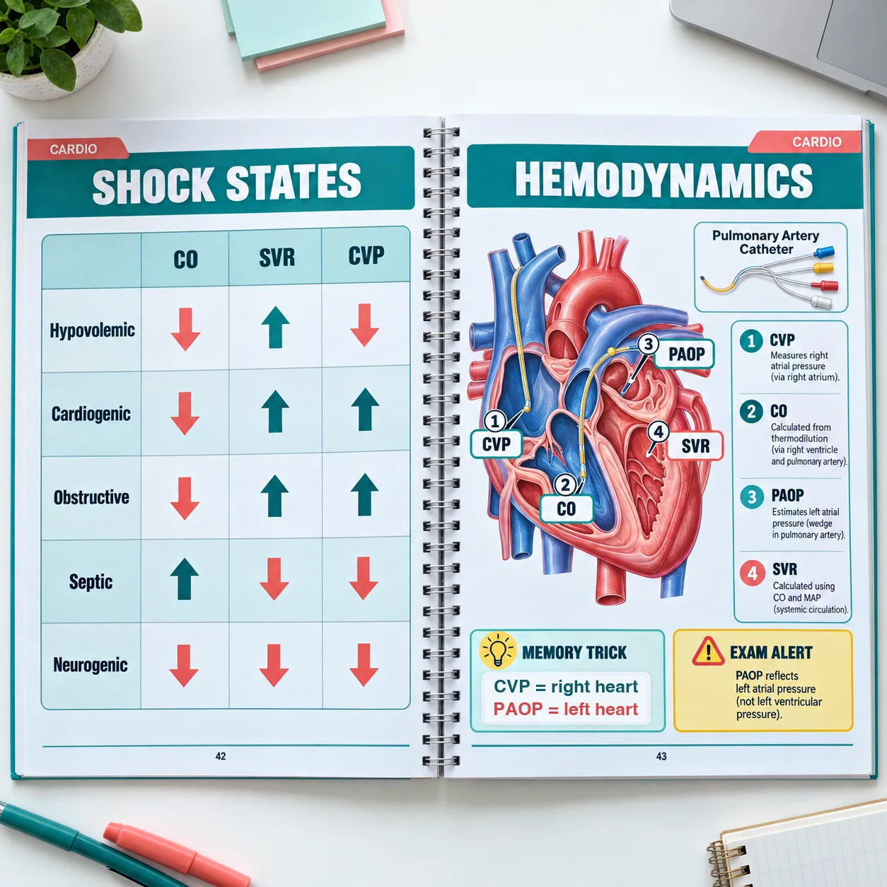 Open spread: shock states comparison chart on the left, hemodynamics drawn around the heart on the right