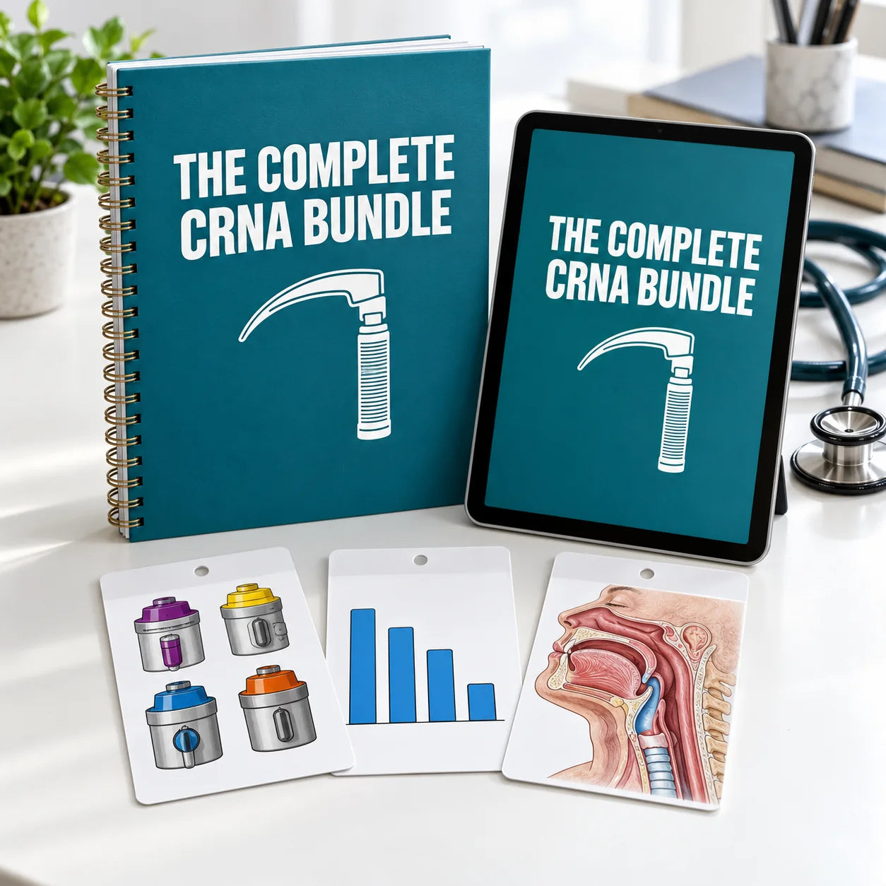 Spiral-bound book, iPad, phone and badge cards