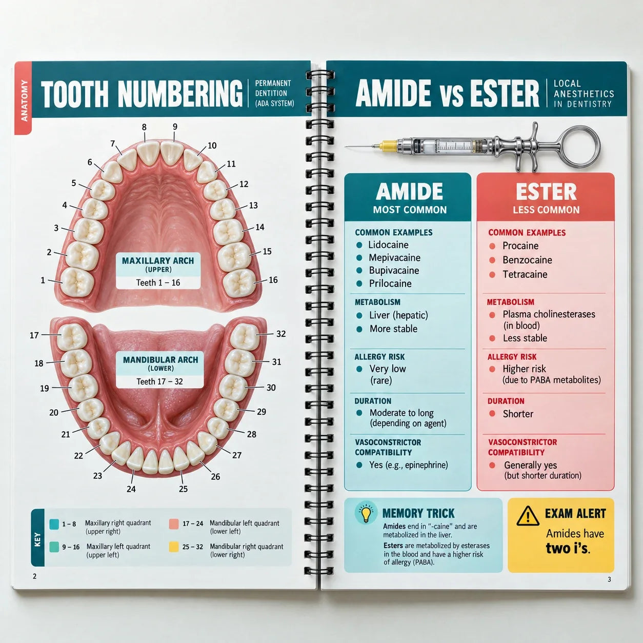 Open spread: tooth numbering systems with numbered illustration on the left, amide vs ester local anesthetics comparison chart with memory tricks on the right