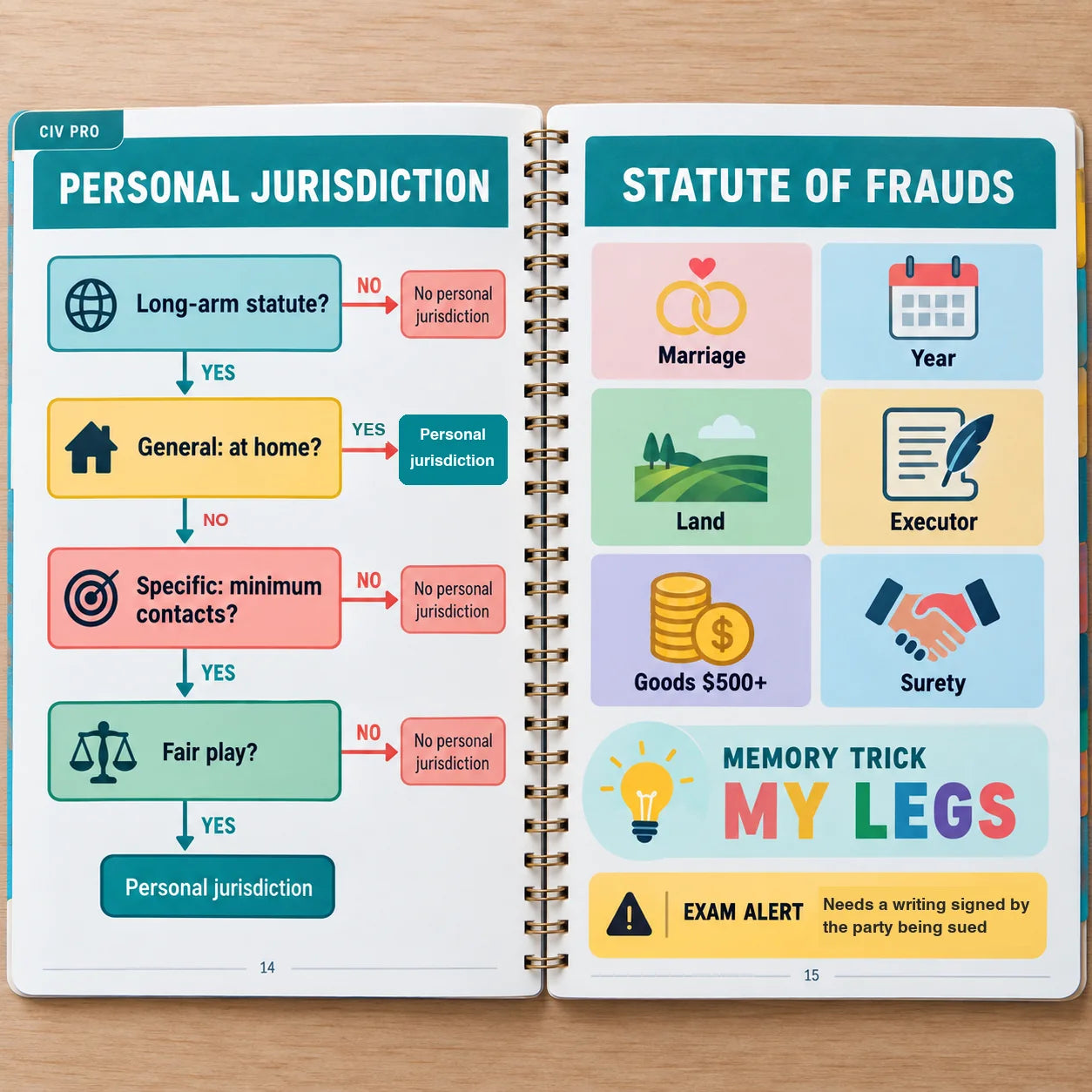 Open spread: personal jurisdiction on the left, the Statute of Frauds on the right
