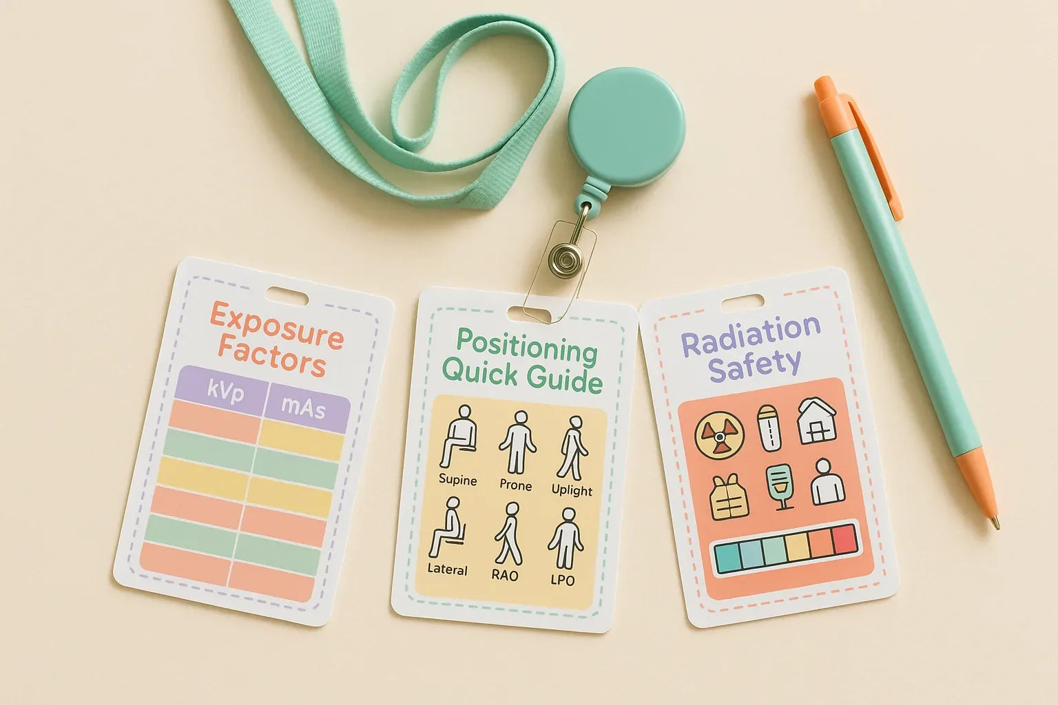 Three laminated badge reference cards on a lanyard