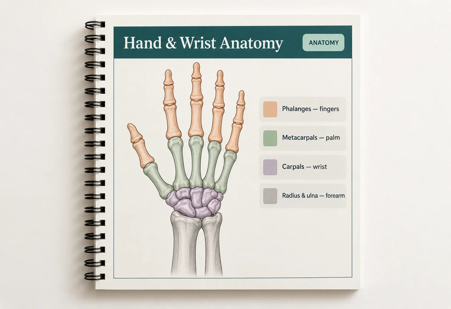 Hand and wrist anatomy, color-coded by bone group