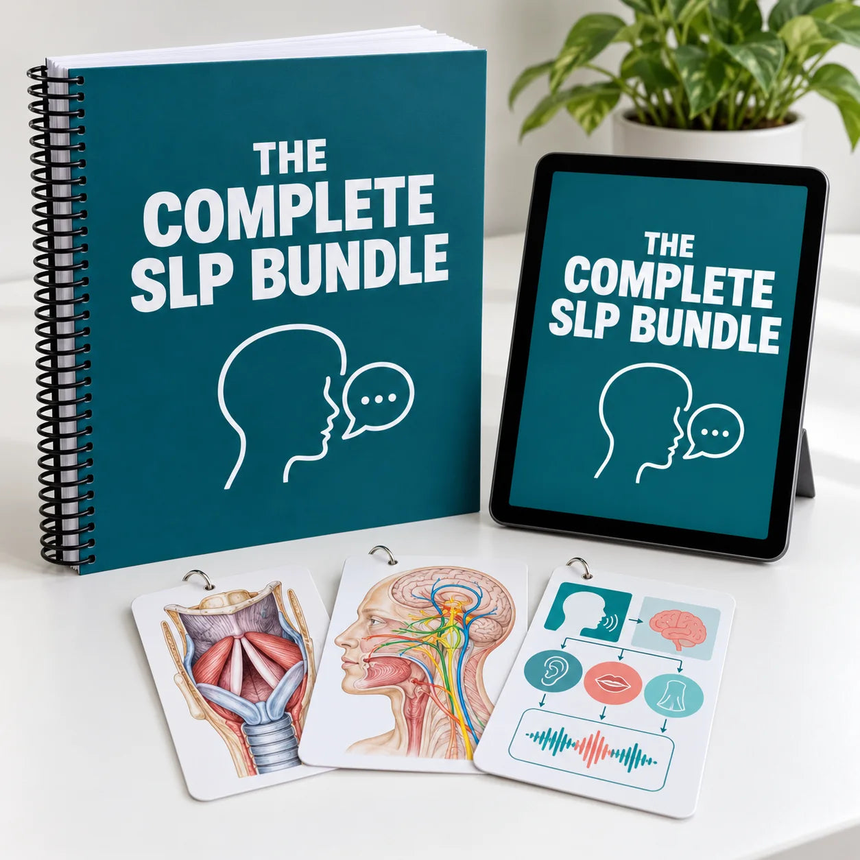 Spiral-bound book, iPad and badge cards