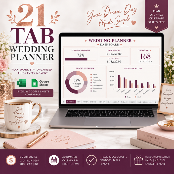 Wedding Planner Spreadsheet — 21-Tab Excel Template