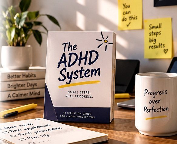ADHD System cards, notebook and desk scene