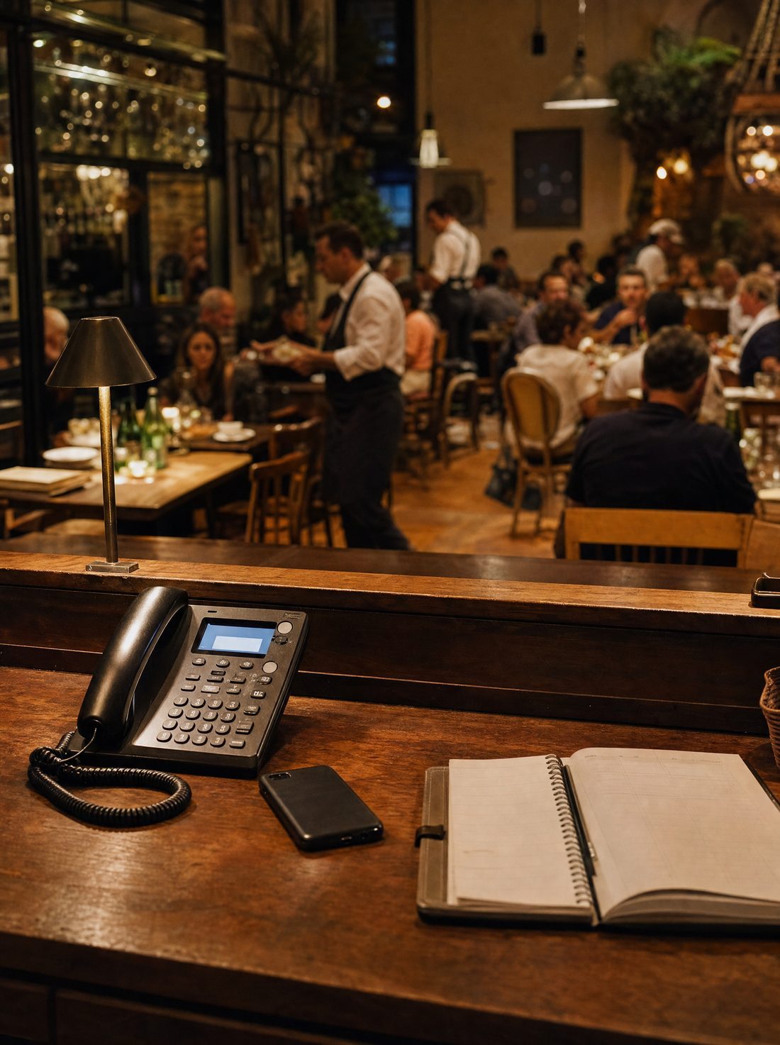 A full restaurant at night with the phone on the counter