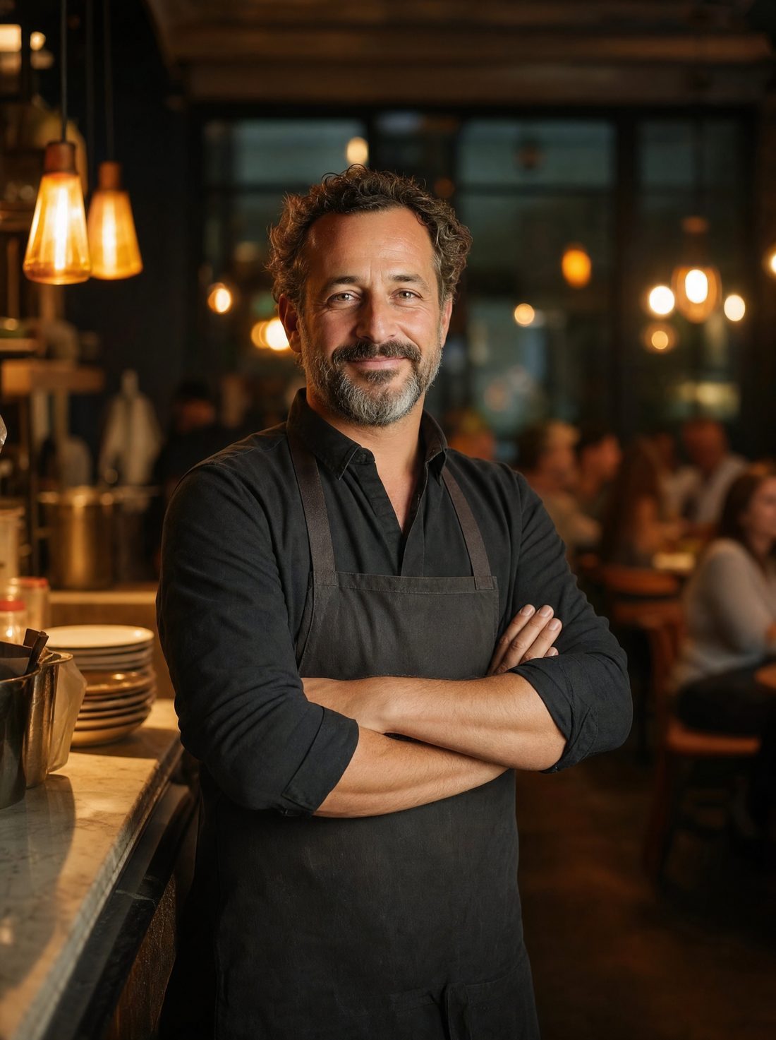 A relaxed restaurant owner behind the counter