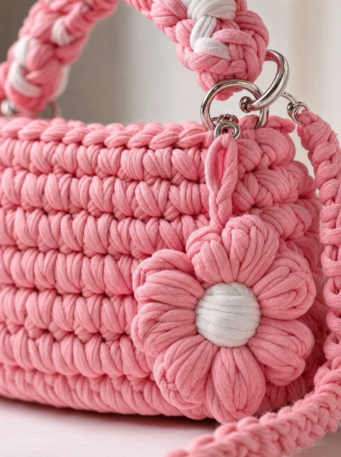 Close-up of the chunky stitch and flower charm