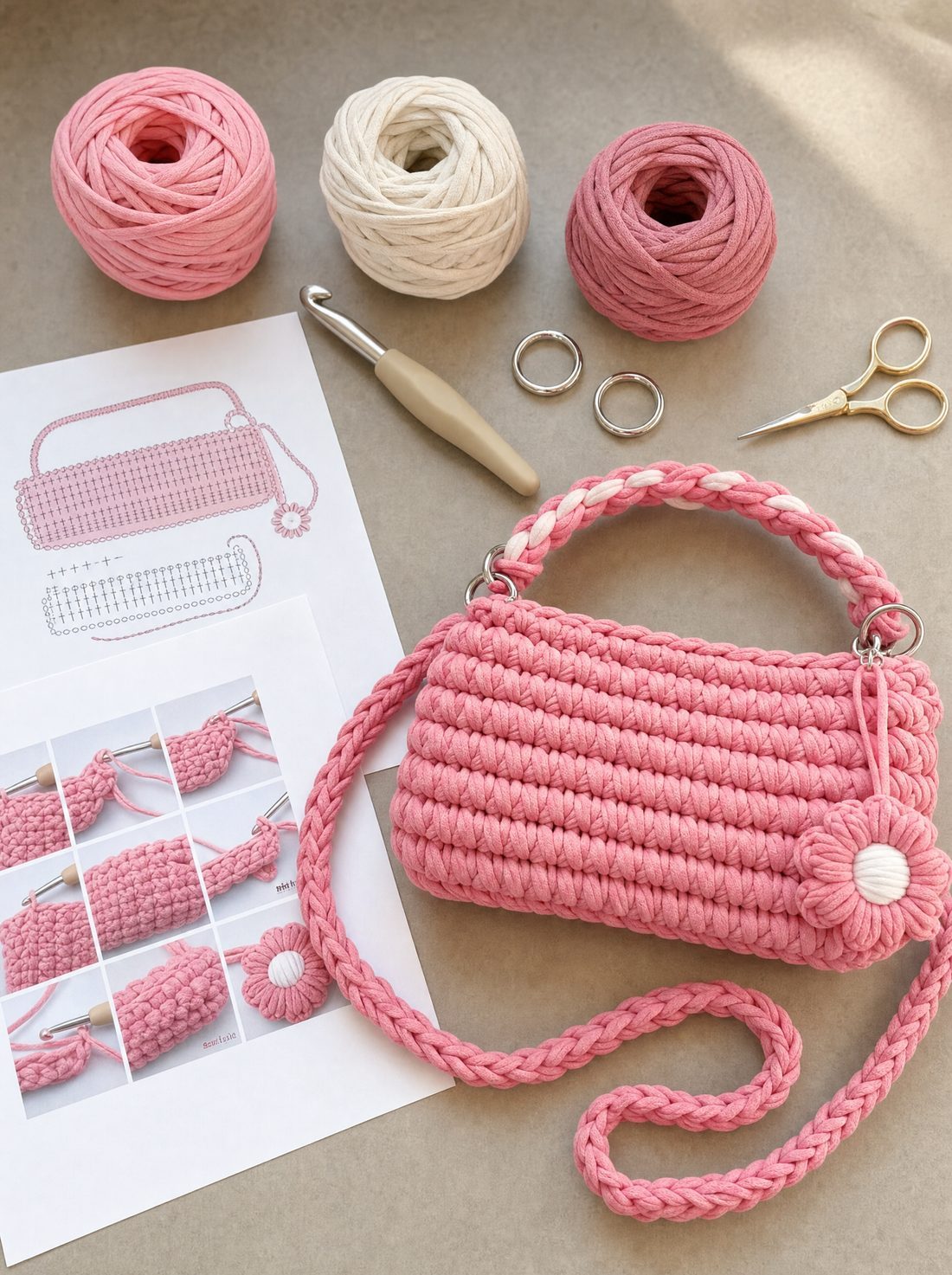 T-shirt yarn, hook, hardware and printed pattern pages