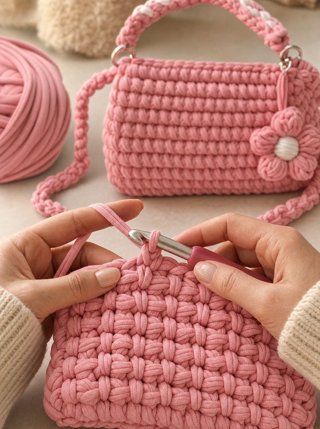 Hands crocheting thick pink t-shirt yarn with a large hook