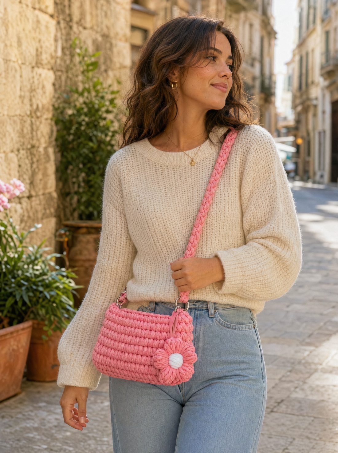 The crochet bag worn on the shoulder