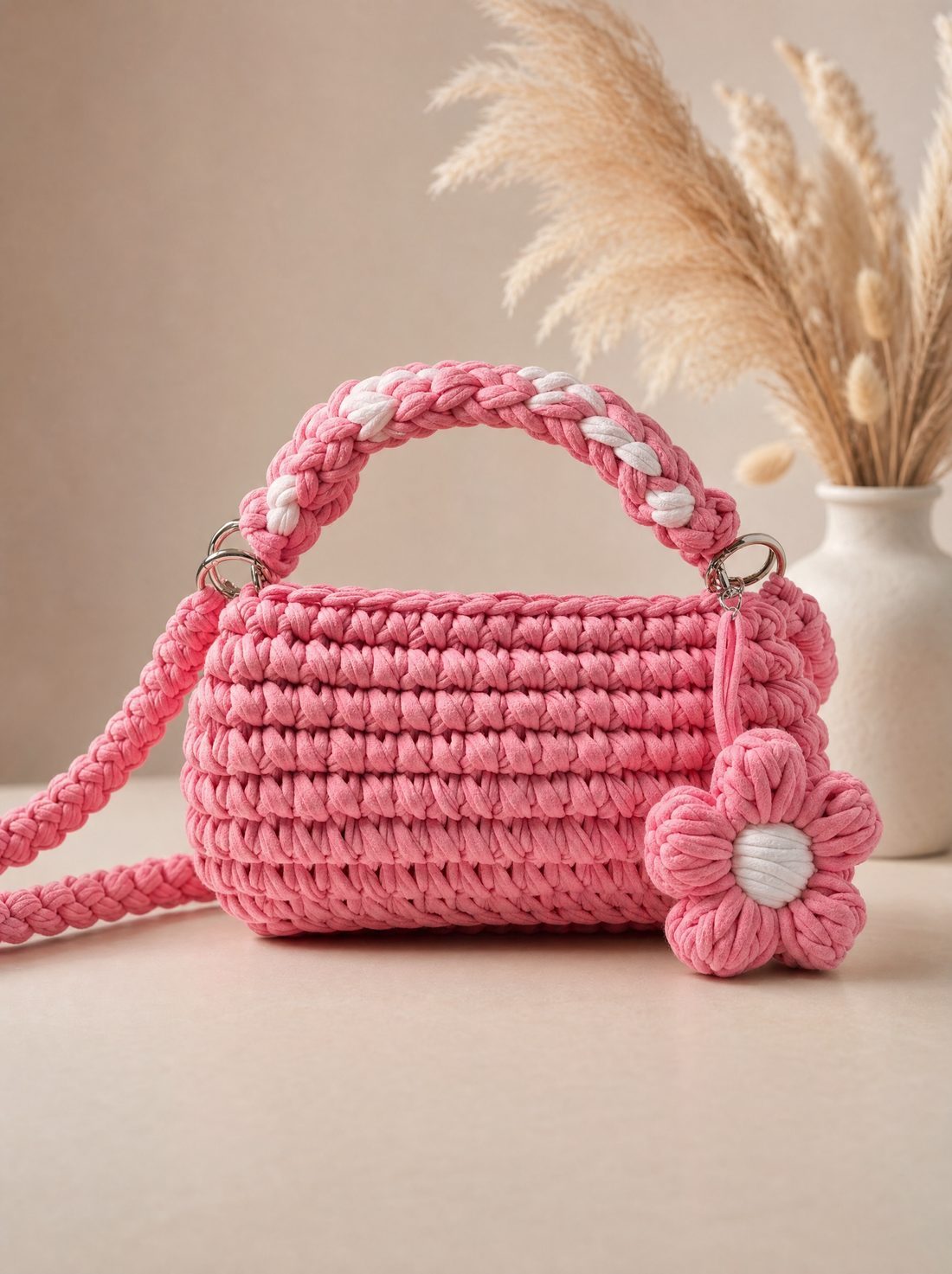 Chunky pink crochet handbag with flower charm