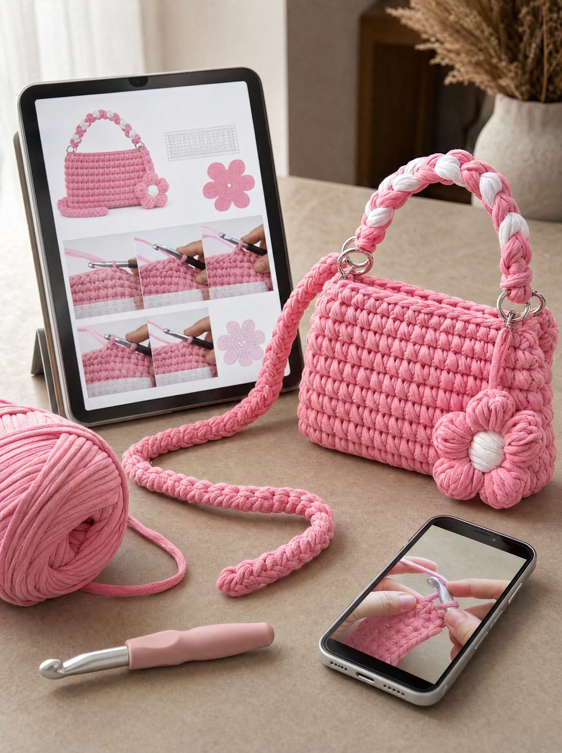 The pattern PDF and video tutorial on a tablet