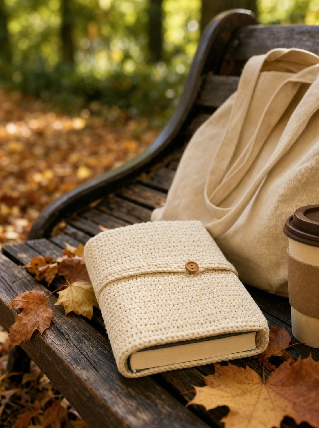 A book in a crochet sleeve on a park bench