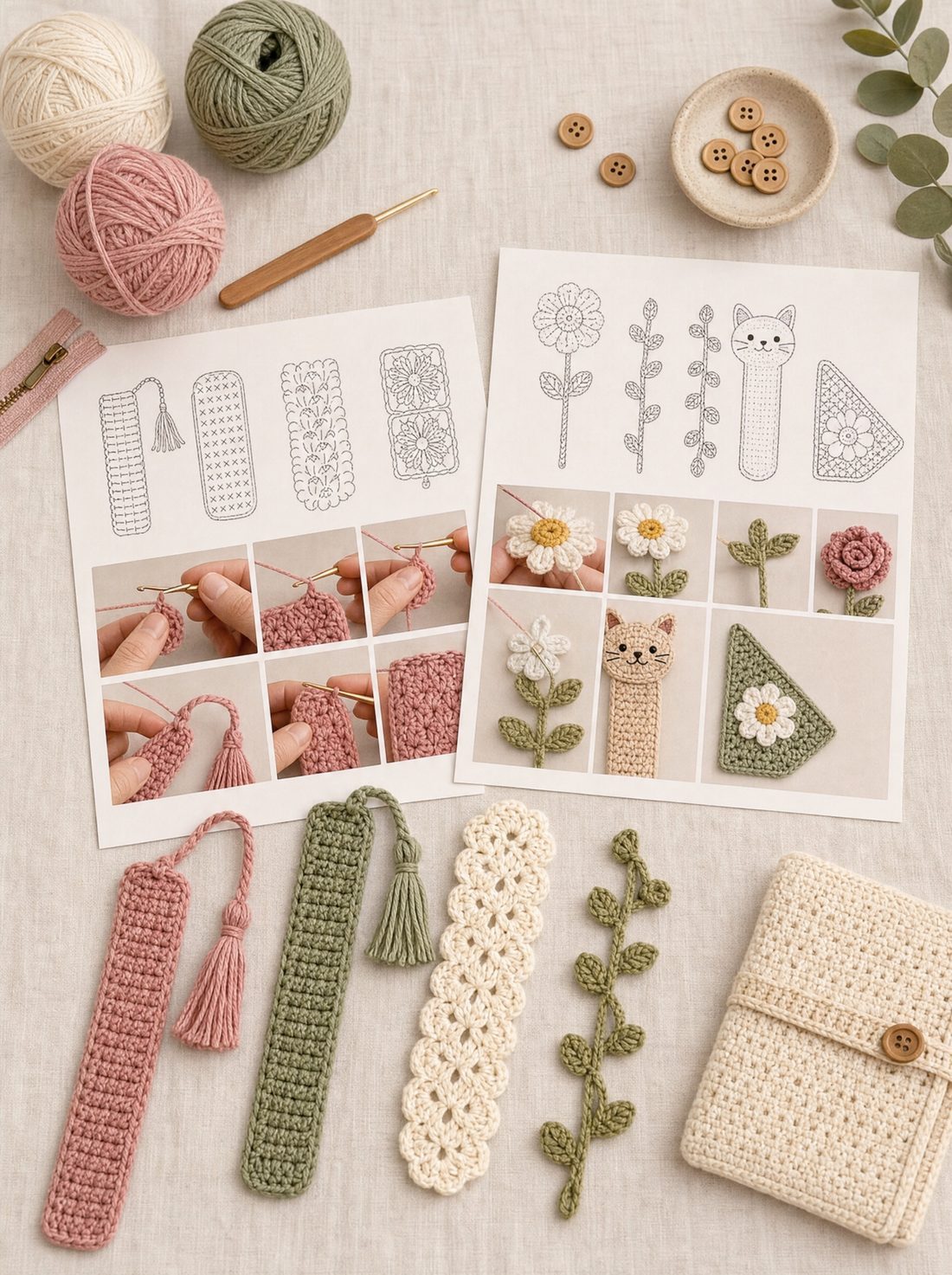 Yarn, hook, buttons and printed pattern pages