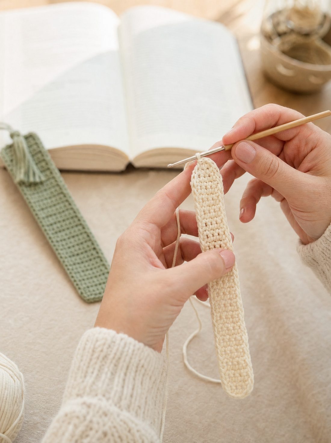 Hands crocheting a bookmark