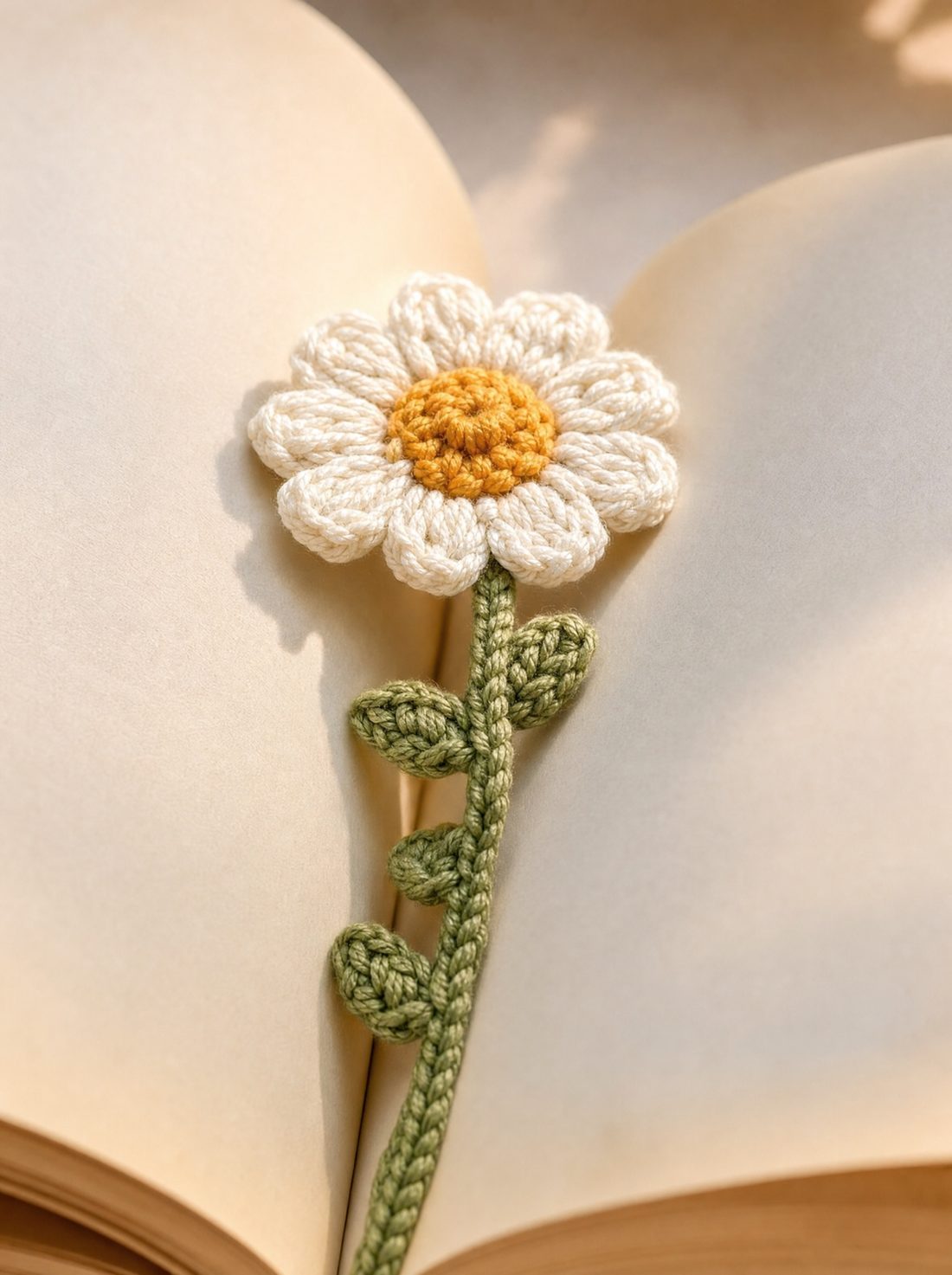 Close-up of the daisy bookmark on a book page