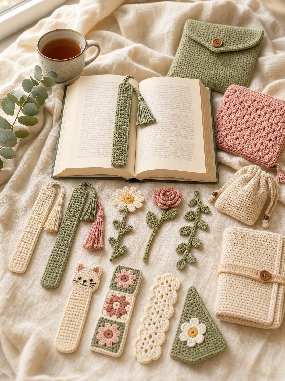 A crochet bookmark lying across an open book