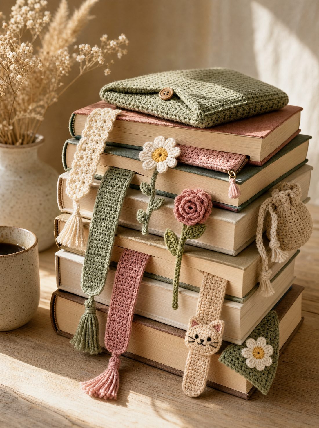 Bookmarks in a stack of books