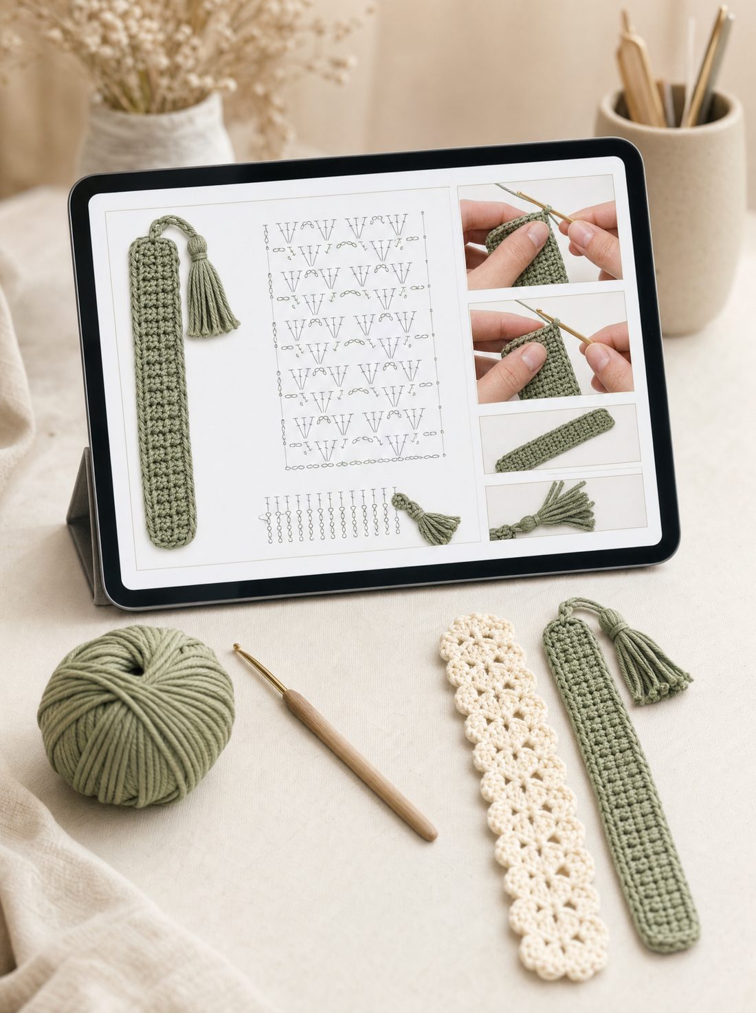 The pattern PDF open on a tablet