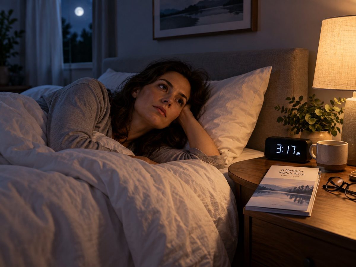 Woman awake in bed at night with a 3:17 AM clock and warm bedside lamp