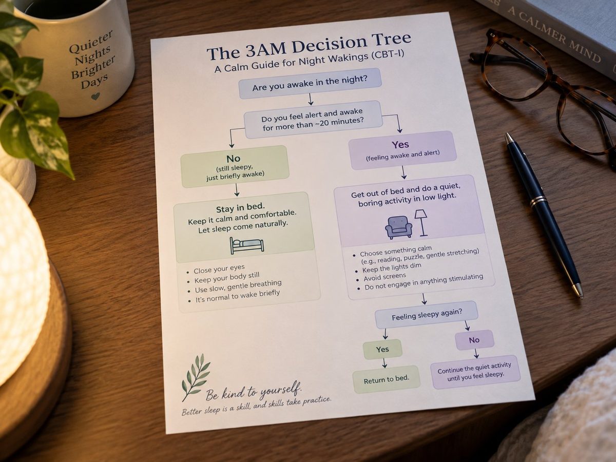 3AM decision tree CBT-I worksheet on a bedside table