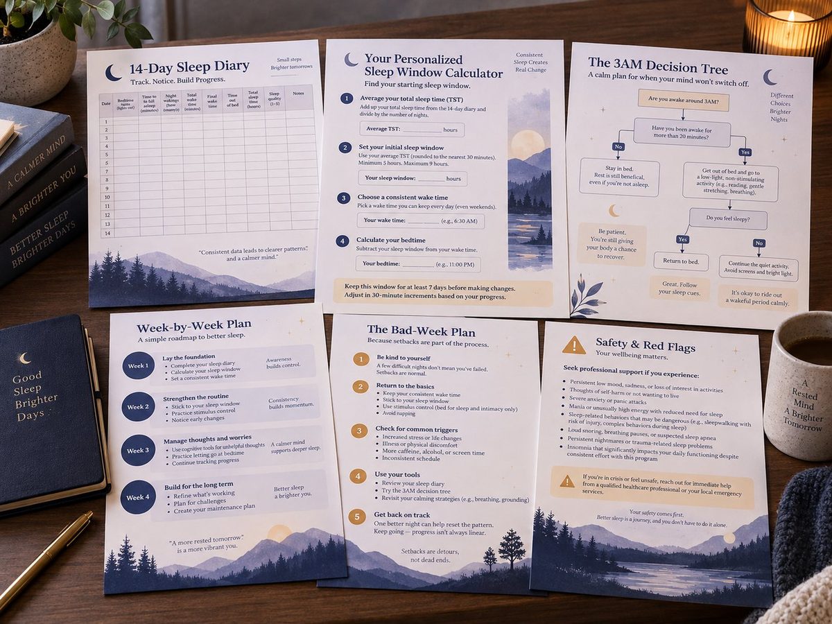 CBT-I programme worksheets including sleep diary, sleep window calculator, decision tree, bad week plan, and safety guide