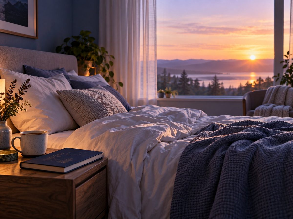 Calm sunrise bedroom scene suggesting better mornings after better sleep