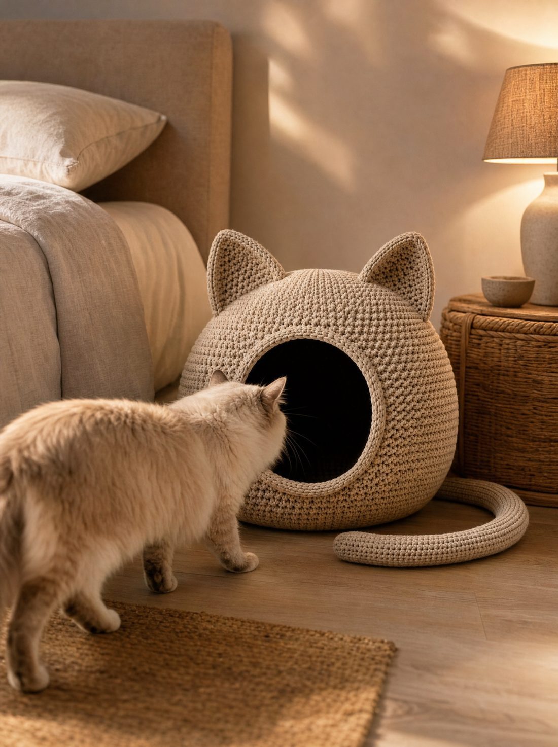The cat cave in a bedroom corner