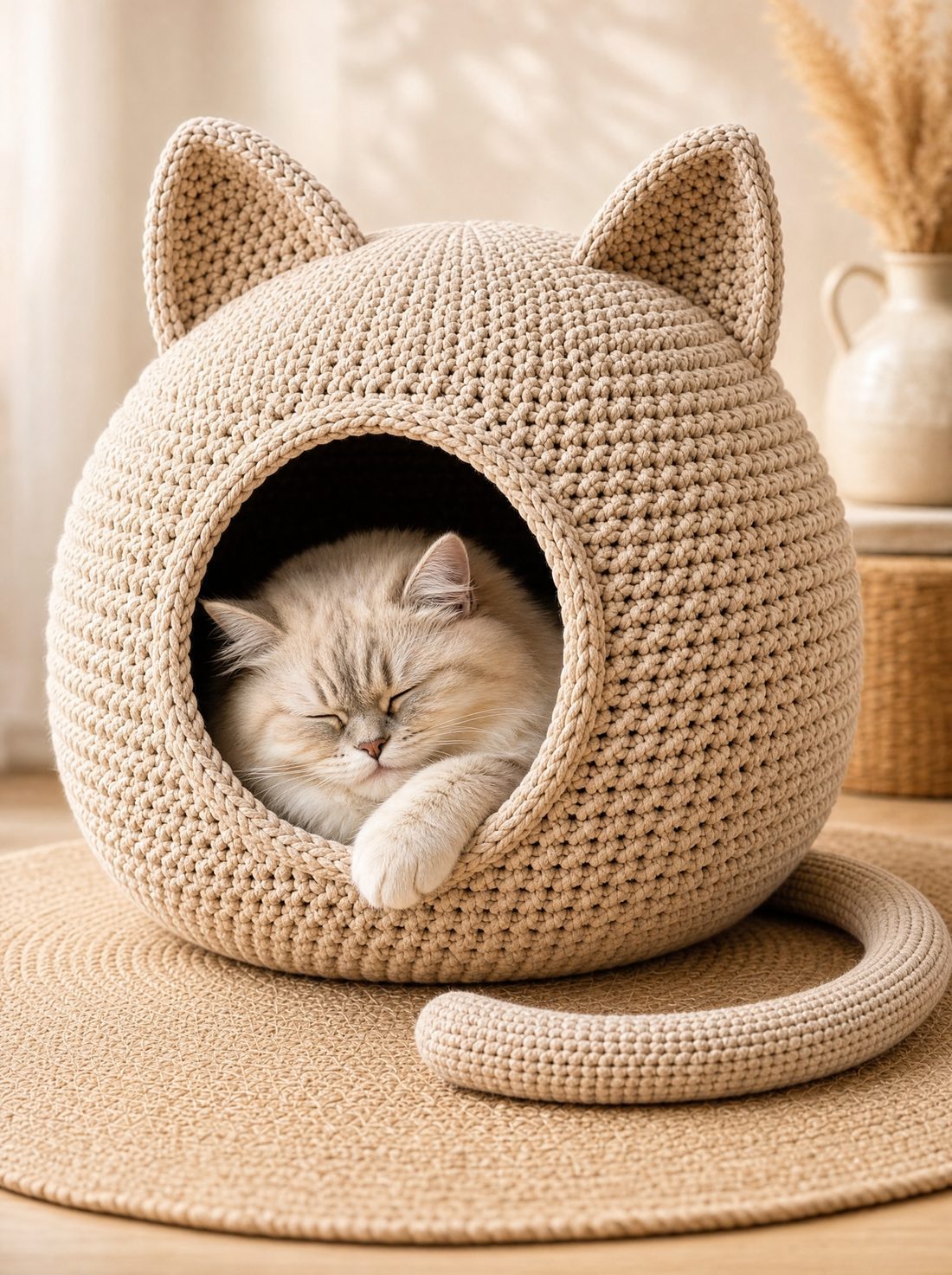 A cat curled up asleep inside the cat cave