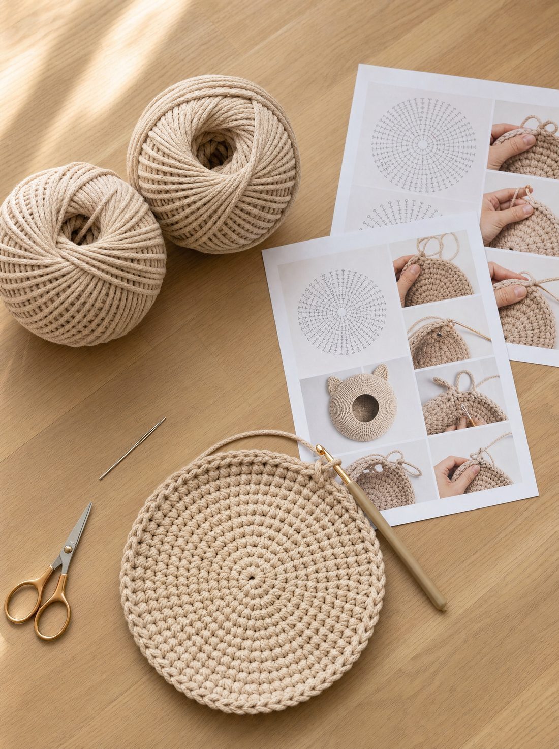 Cord yarn, hook and printed pattern pages