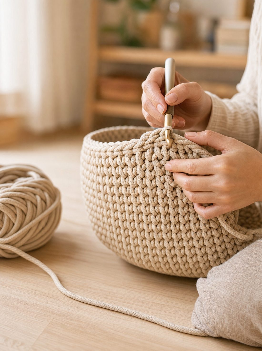 Hands crocheting thick cord with a large hook