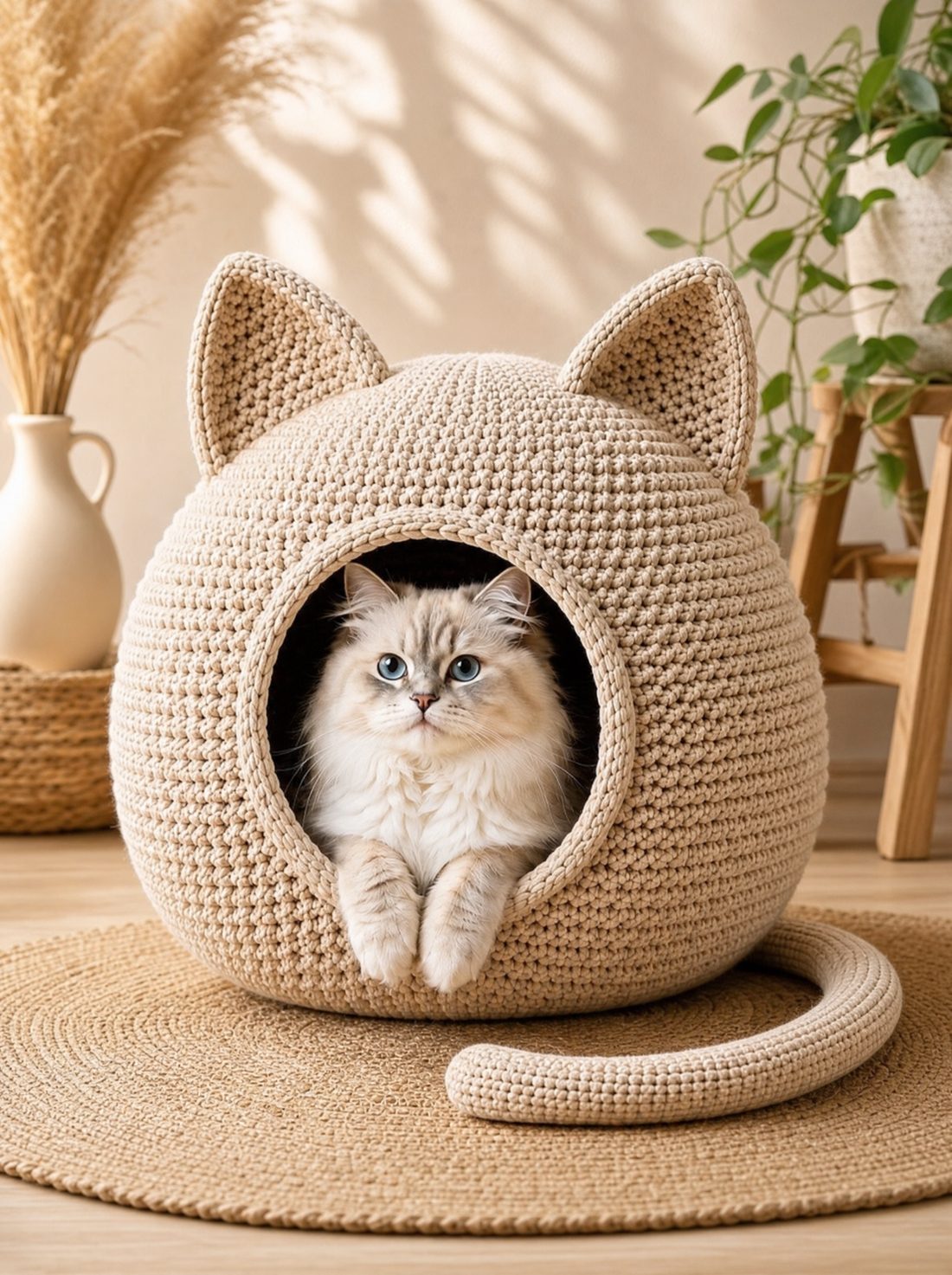 Crochet cat cave with a cat sitting inside