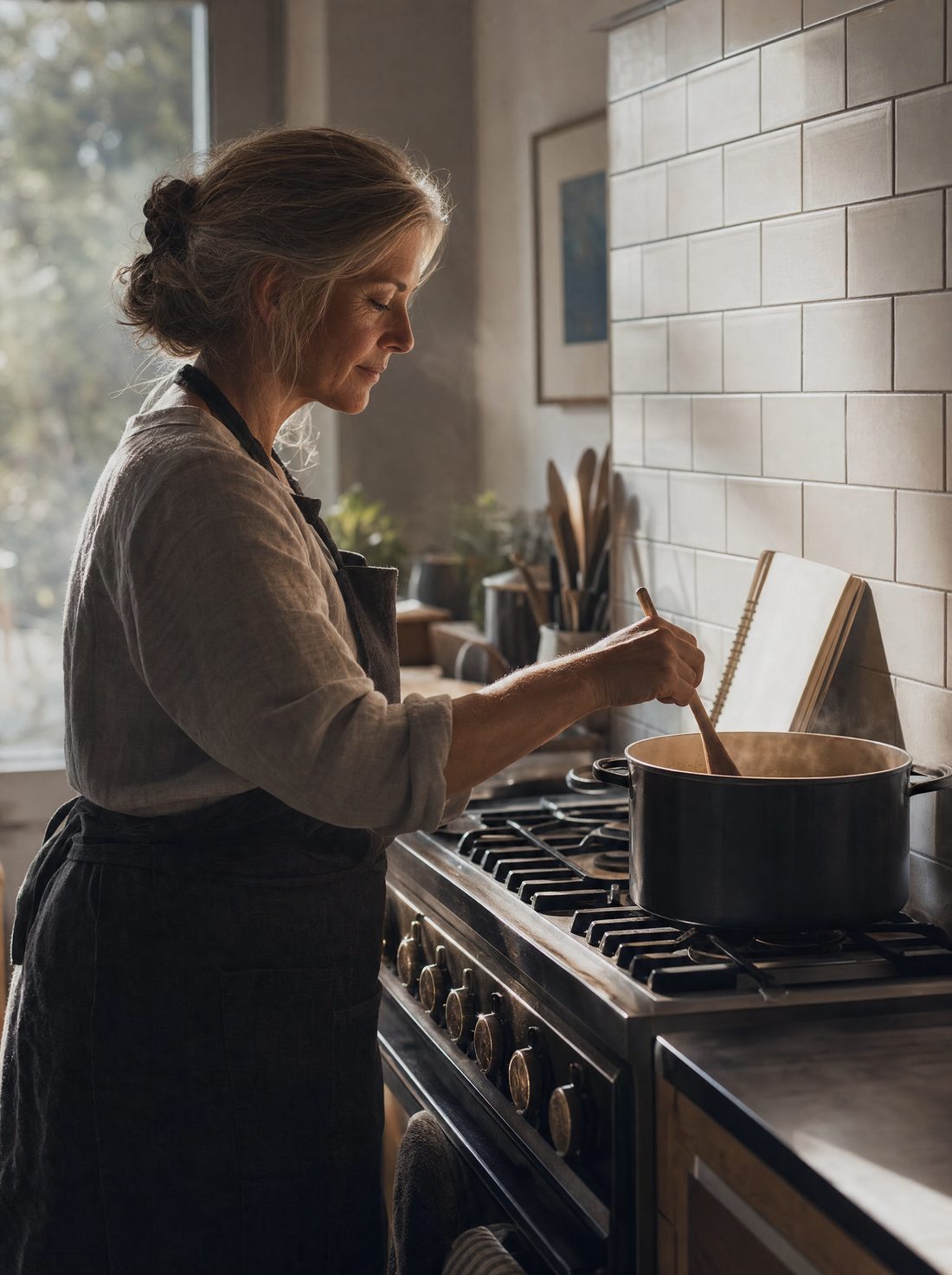 A caregiver cooking at the stove