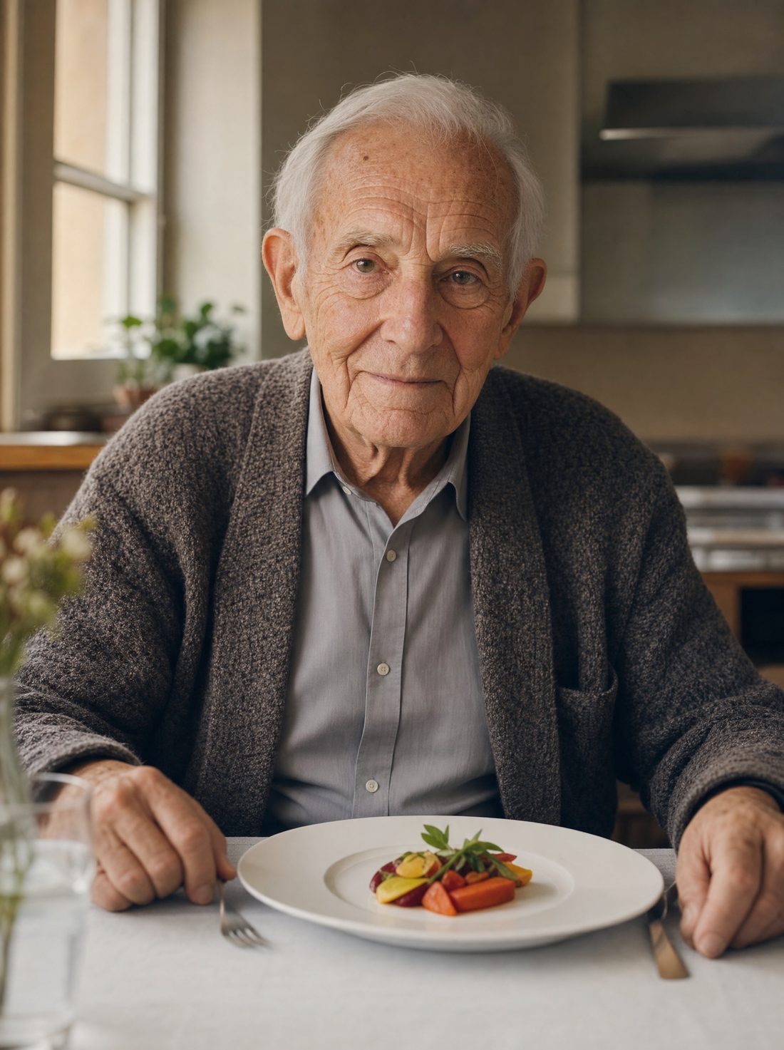 An elderly man at the table with a small plated meal
