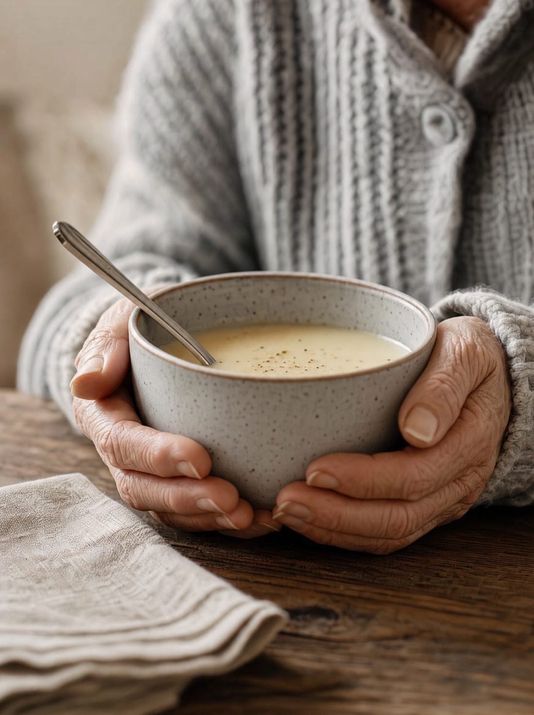 Elderly hands holding a bowl of soup