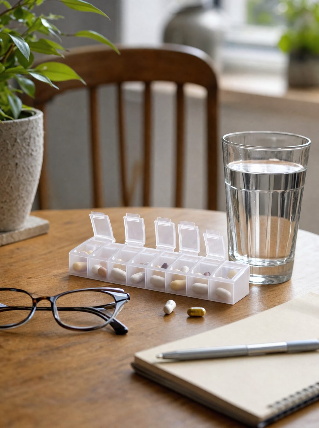A pill organiser, a glass of water and a notebook on a kitchen table