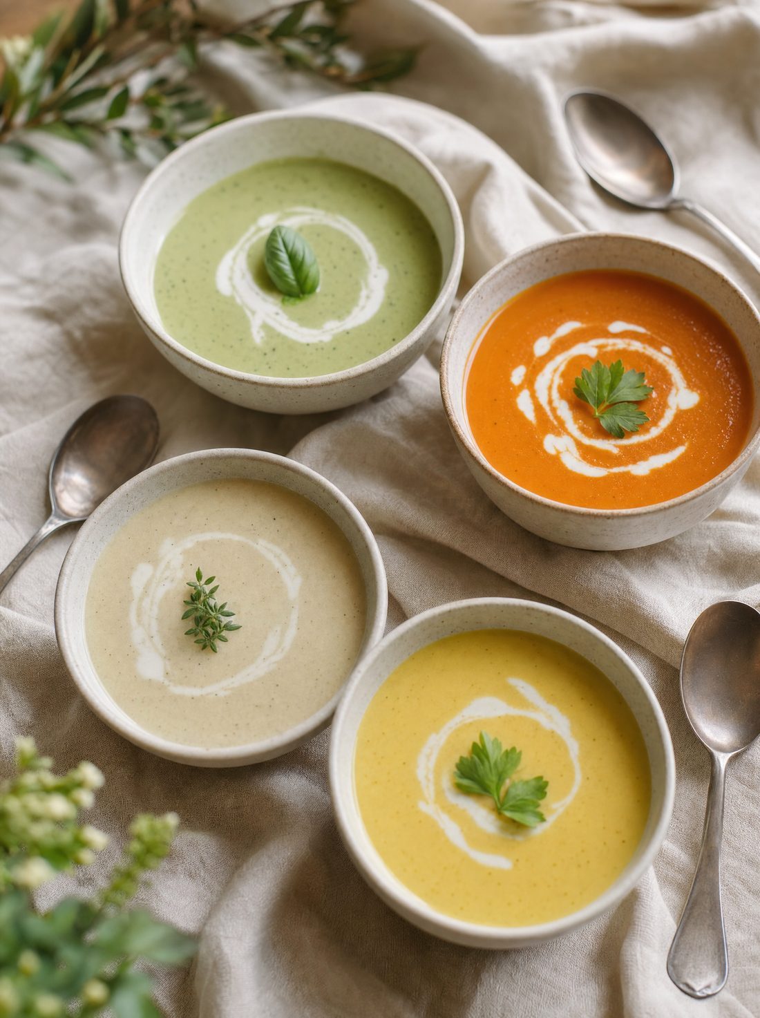 Four smooth soups in small bowls