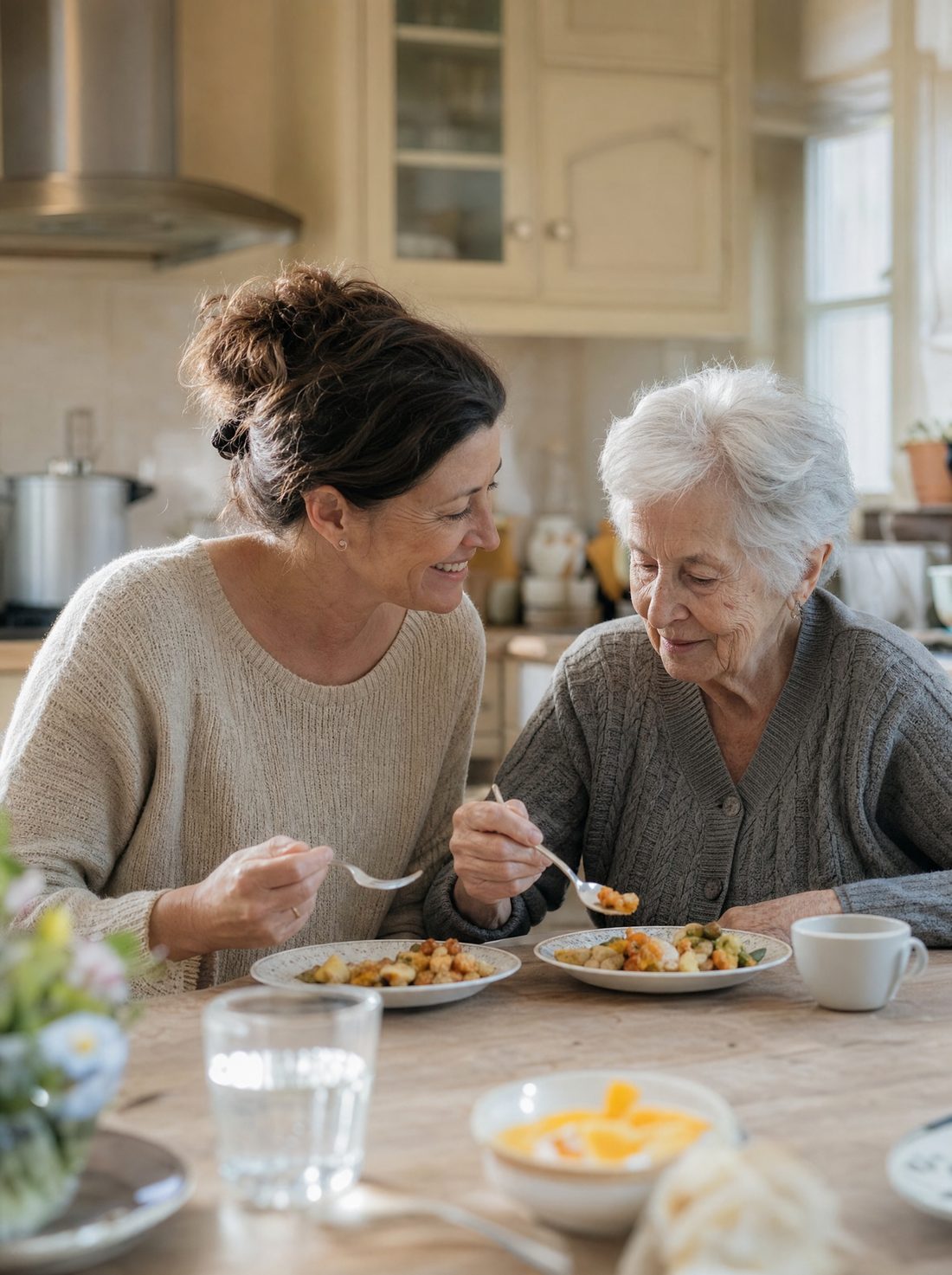 A daughter and her mother eating together