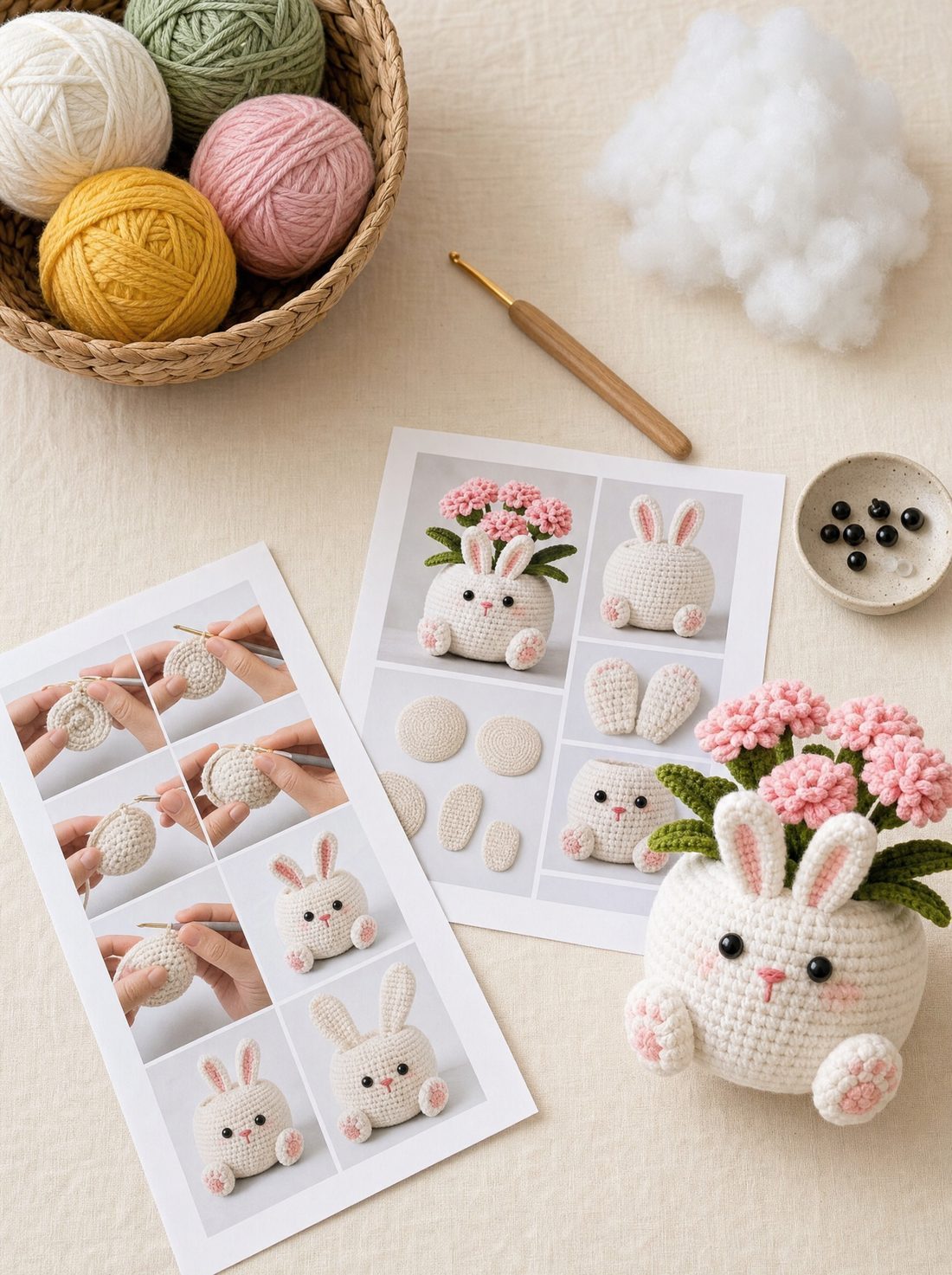 Yarn, hook, stuffing and printed pattern pages