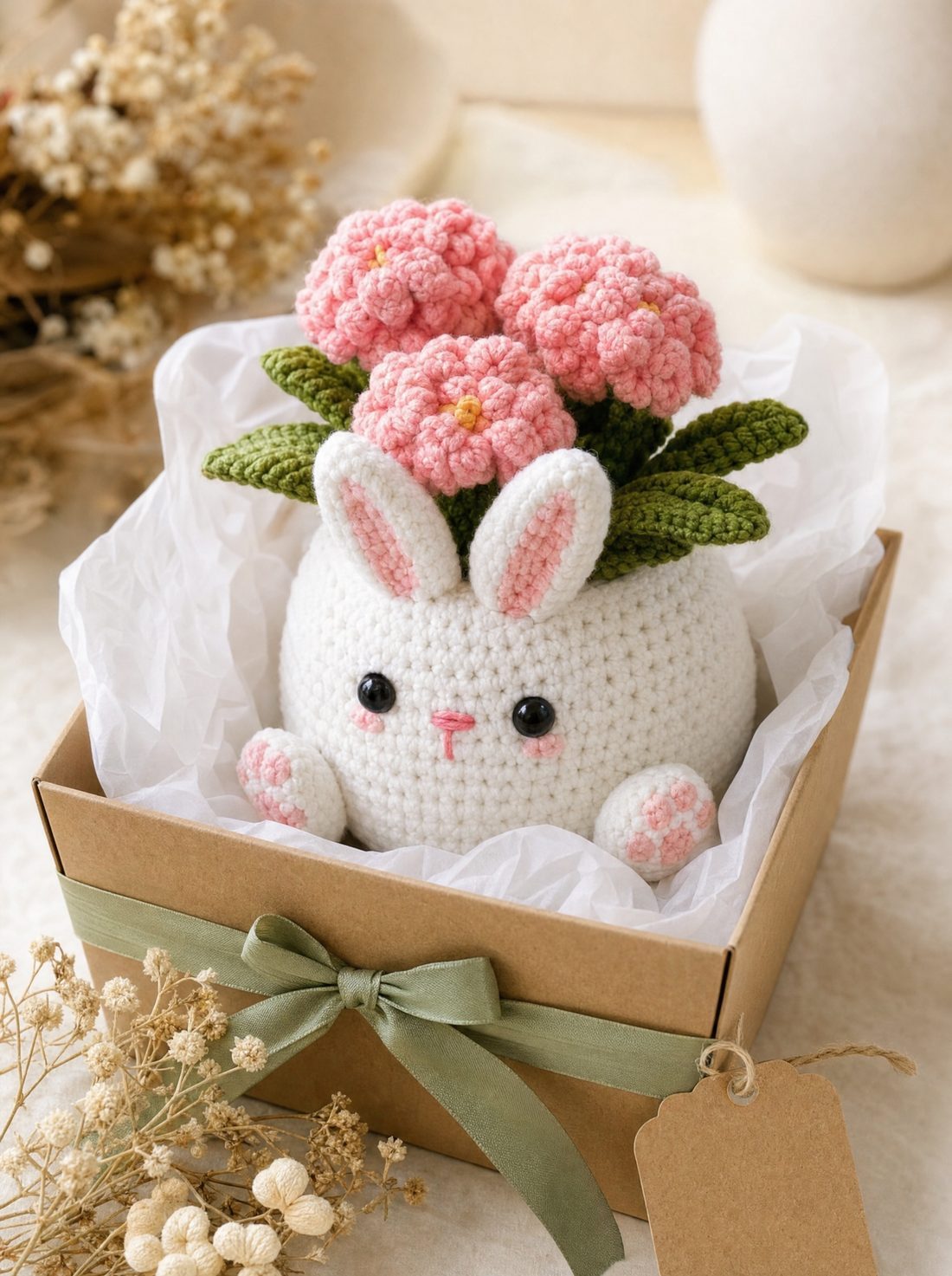 A crochet planter pot boxed as a gift