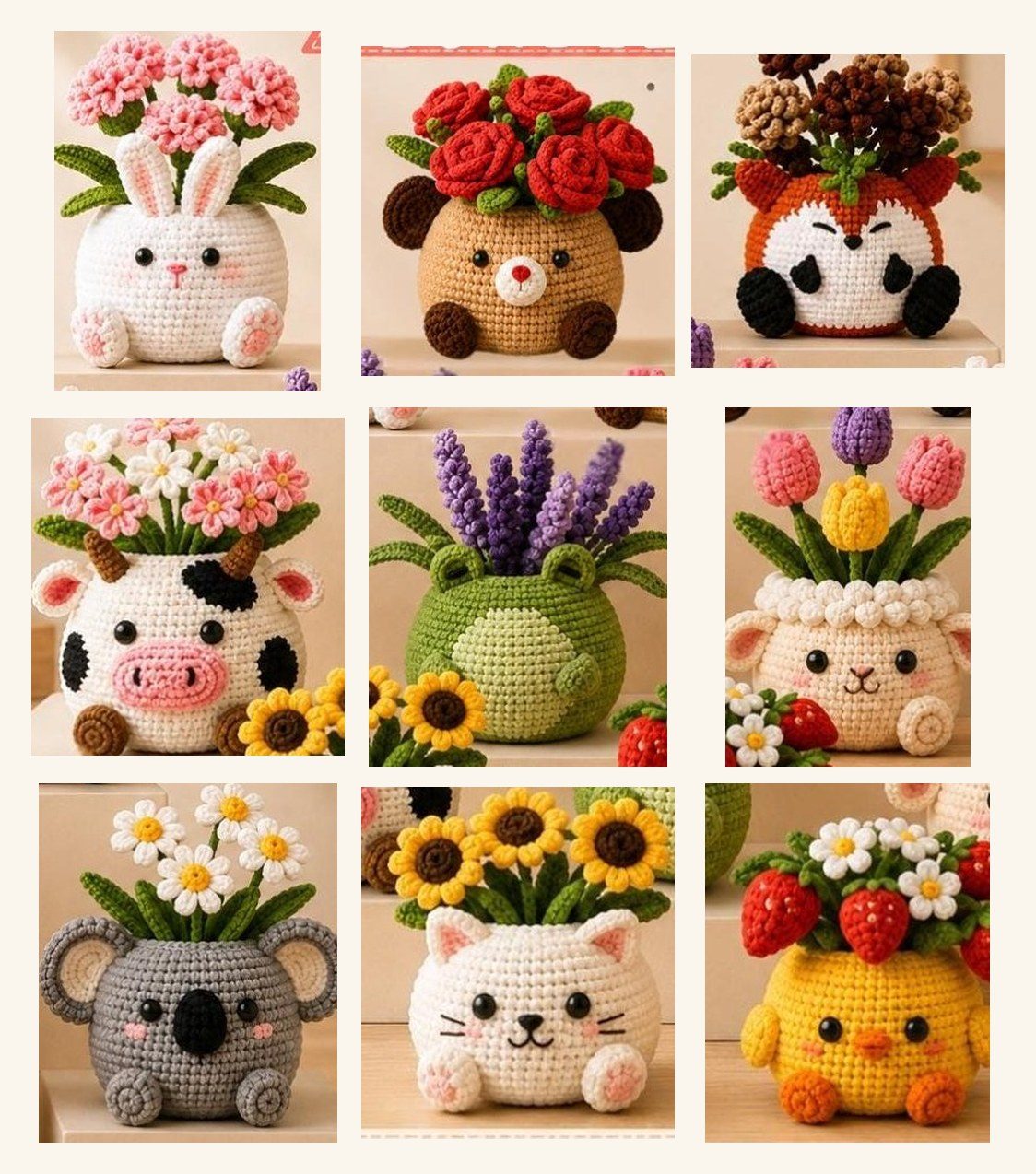 All nine amigurumi critter planter pots