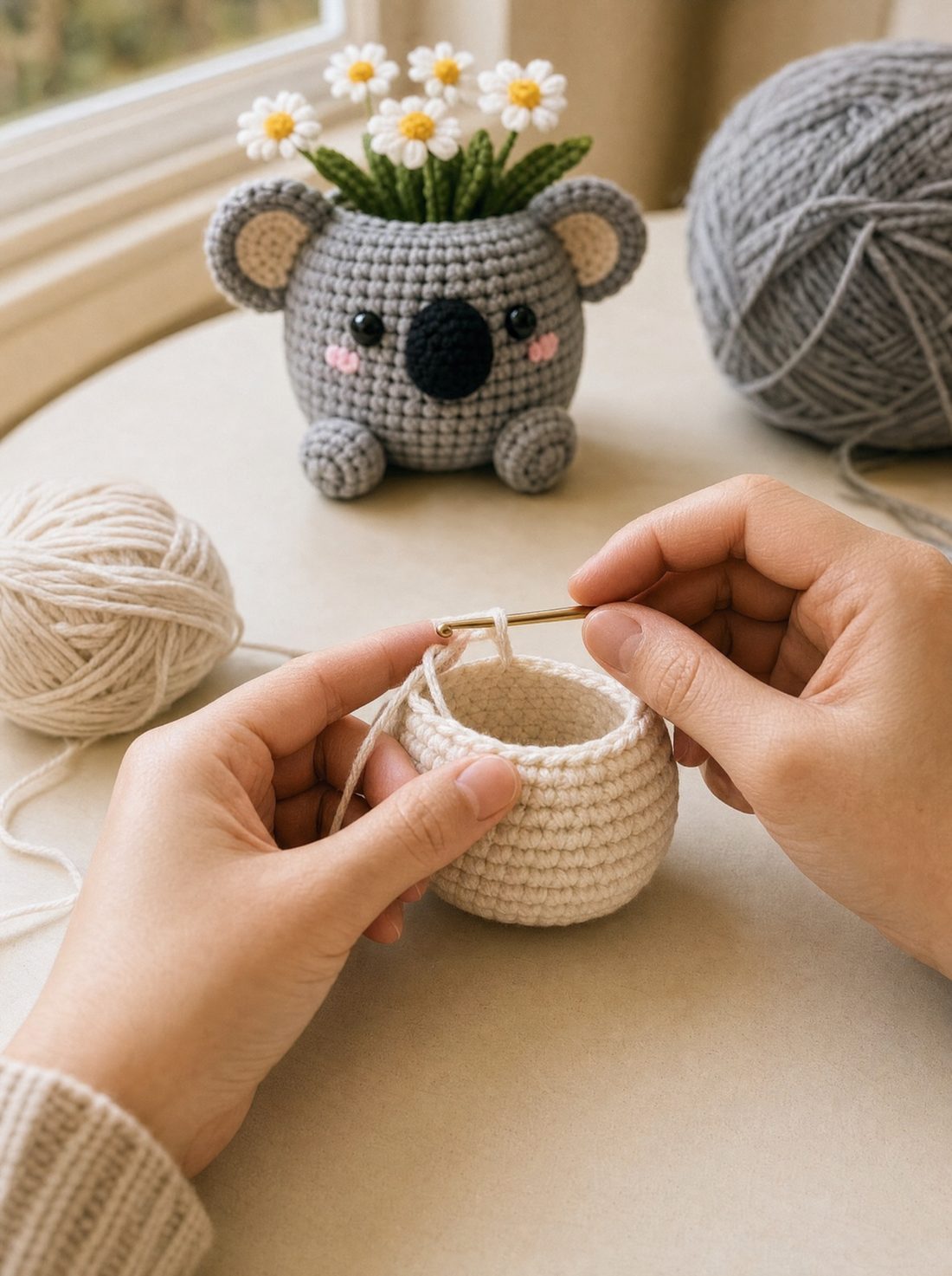 Hands crocheting a small amigurumi pot