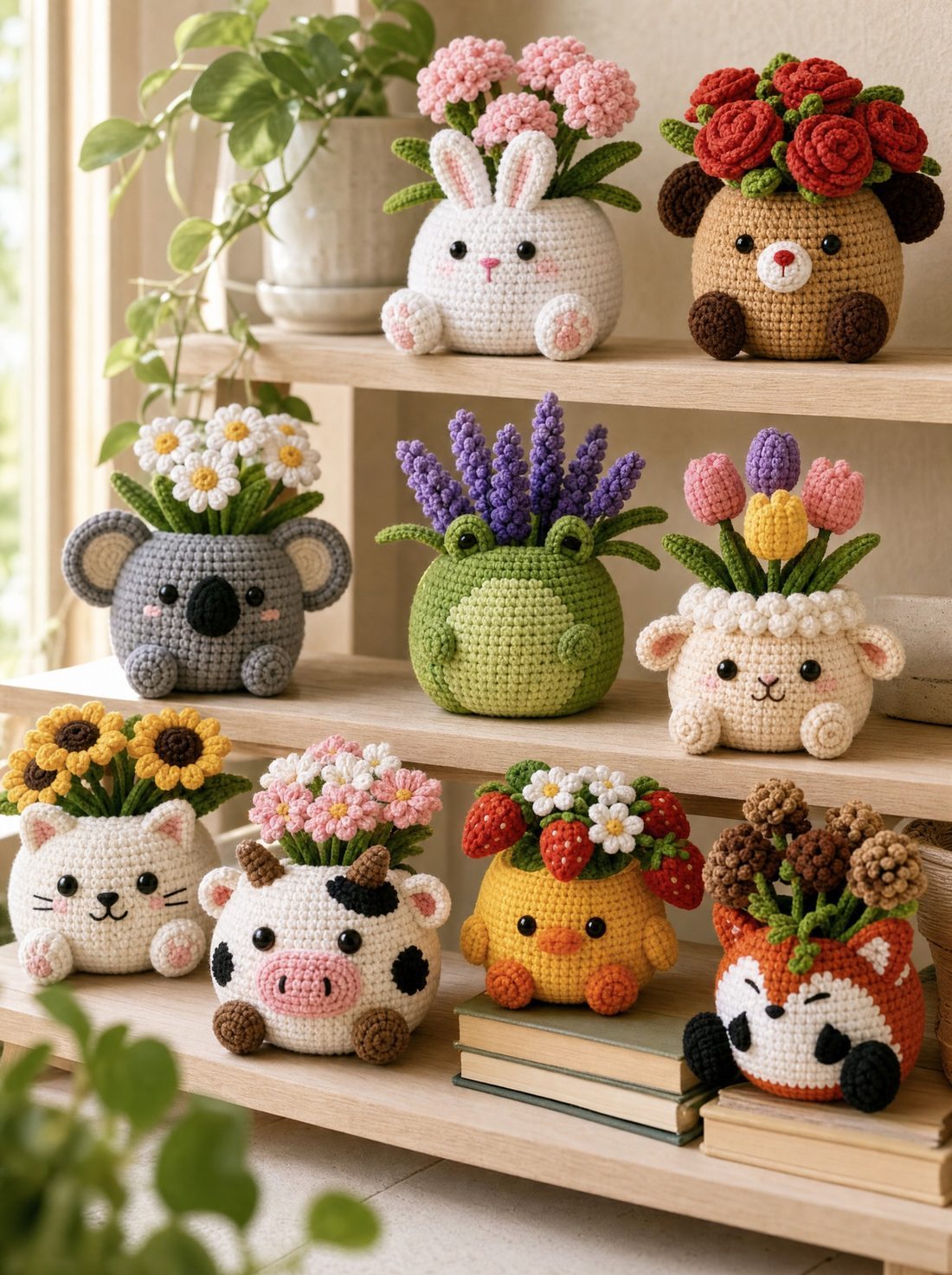 Crochet critter planter pots on a shelf