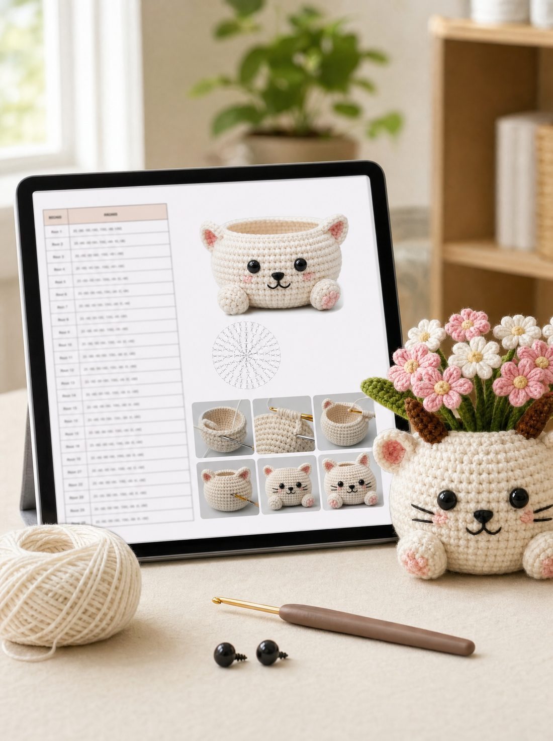 The pattern PDF open on a tablet