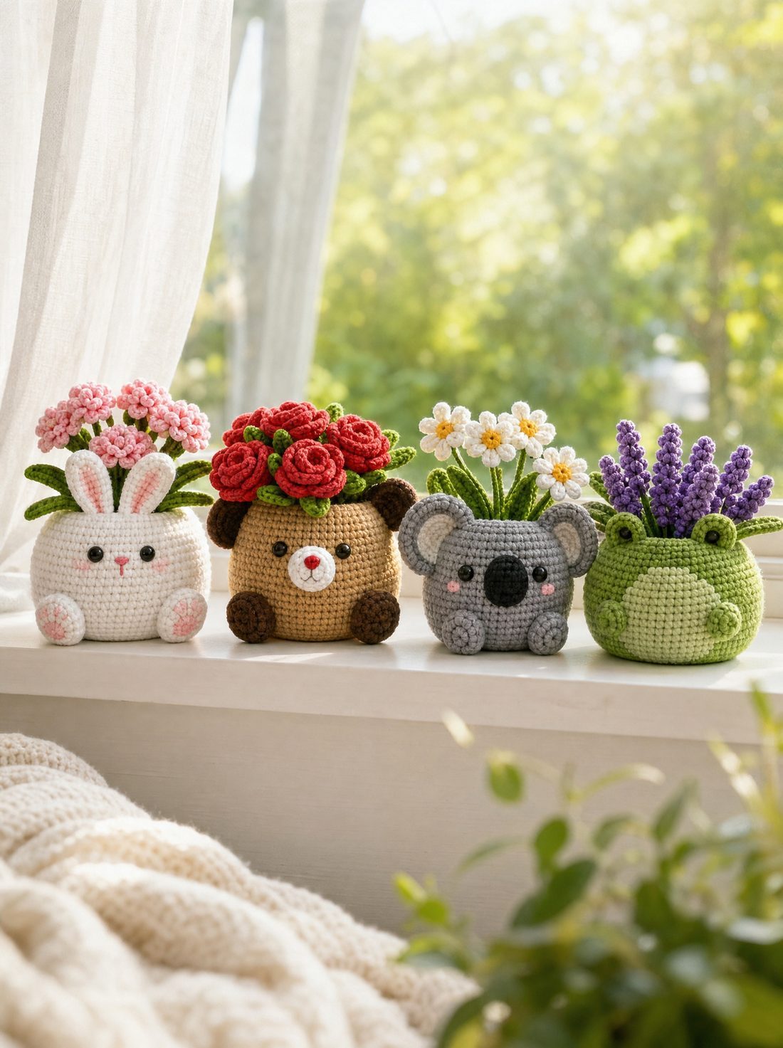 Planter pots lined up on a windowsill