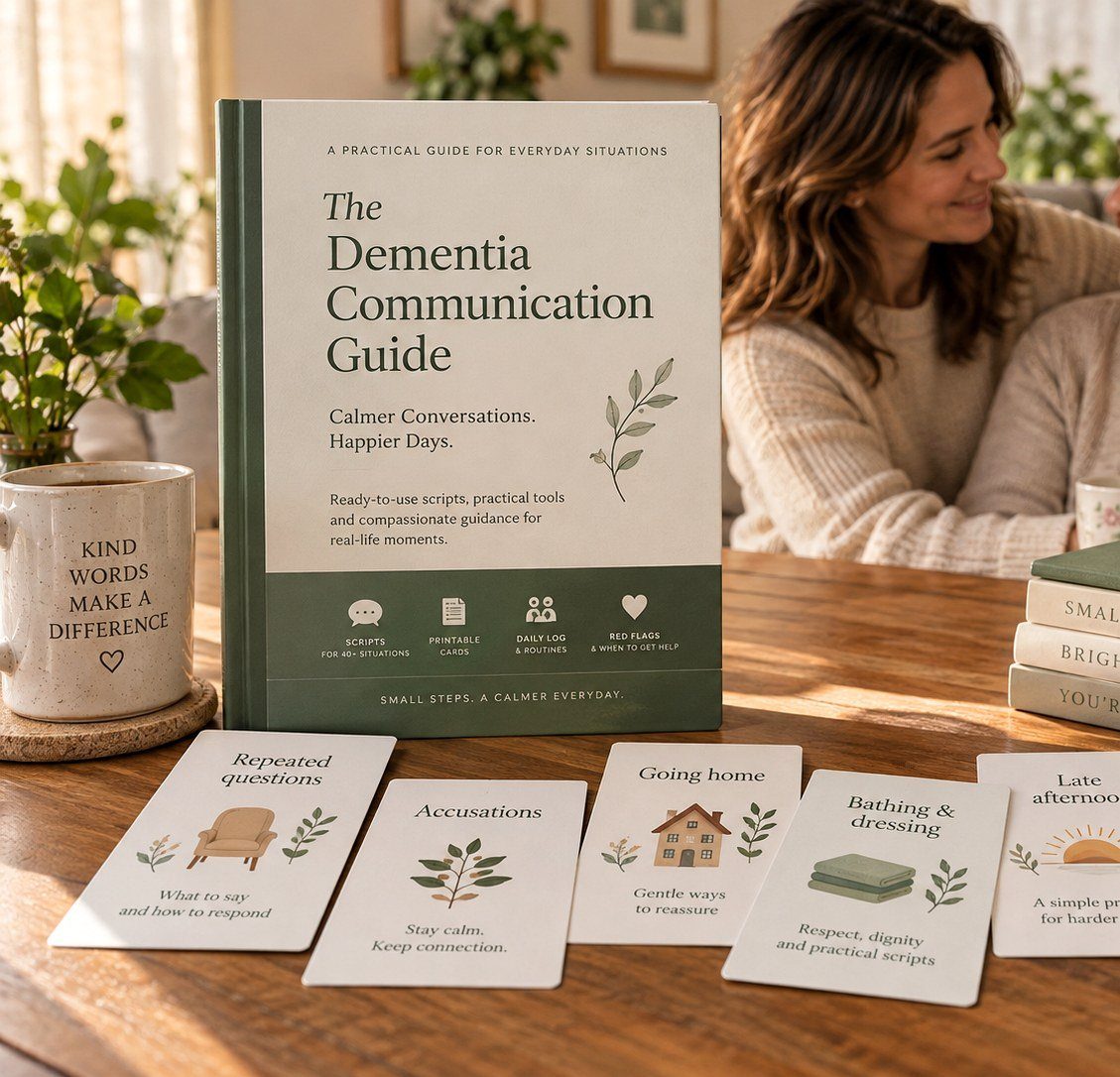 Dementia Communication Guide with practical situation cards beside a caregiver and older loved one in a calm home setting