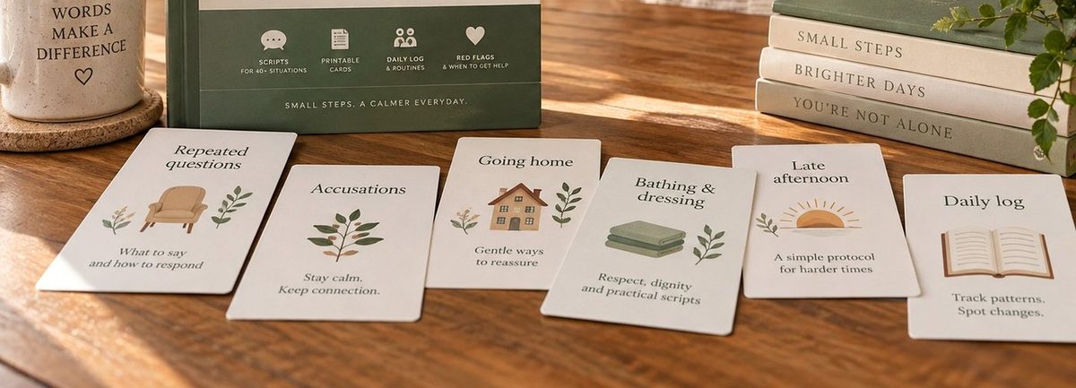 Close-up of dementia communication situation cards for repeated questions, accusations, going home, bathing and dressing, late afternoon, and daily logging