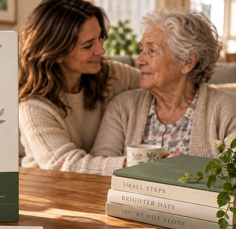 A caregiver sharing a calm, supportive moment with an older loved one at home