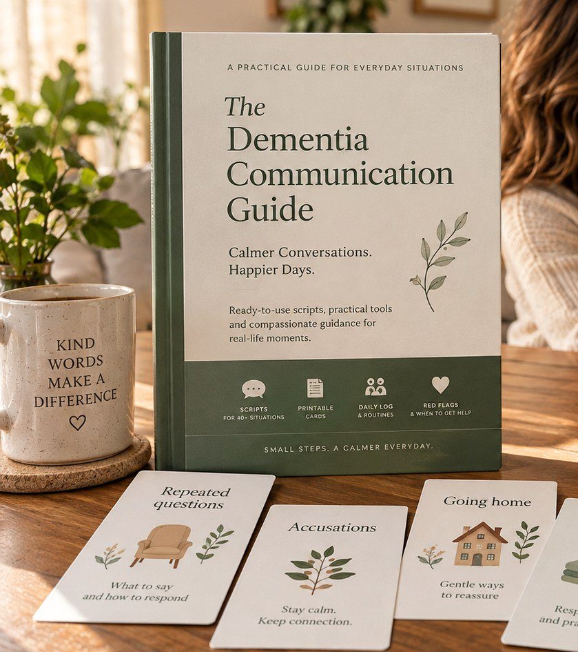 The Dementia Communication Guide and practical printable situation cards arranged on a warm home table